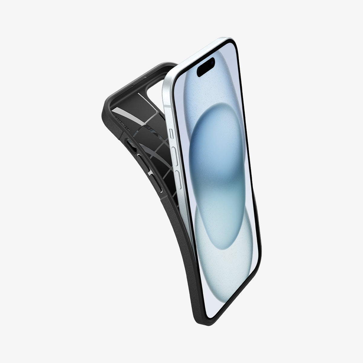 ACS06479 - iPhone 15 Case Core Armor in matte black showing the case bending away from the device