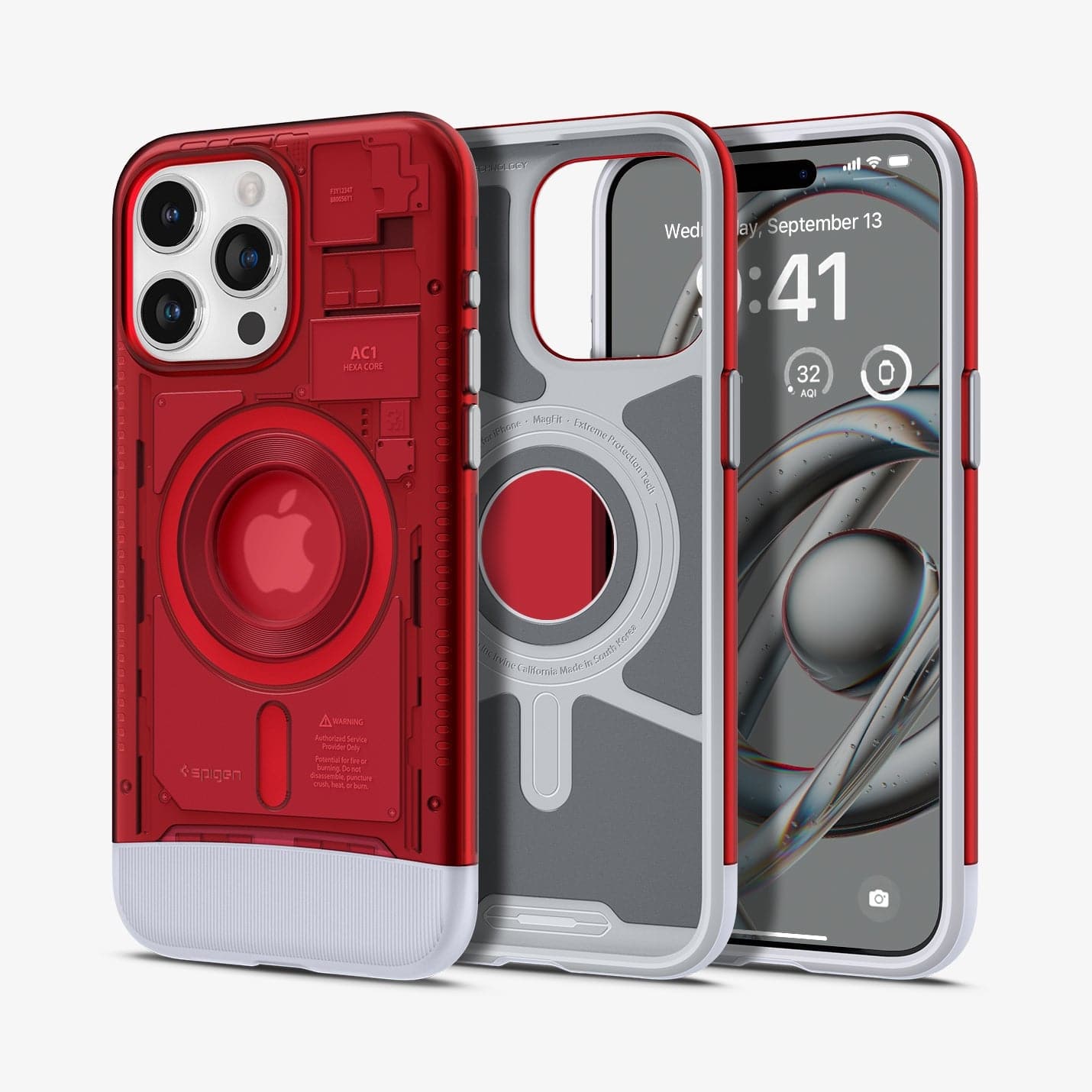 ACS06744 - iPhone 15 Pro Case Classic C1 (MagFit) in ruby showing the back, inside and front