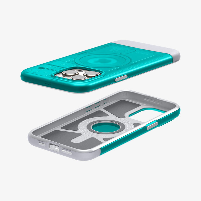 SPBD240003 - iPhone 15 Pro Max Case Classic C1 Bundle (MagFit) in Bondi Blue Black showing the back, sides hovering above showing inner, bottom and sides of the case