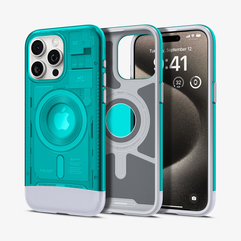 SPBD240003 - iPhone 15 Pro Max Case Classic C1 Bundle (MagFit) in Bondi Blue Black showing the sides, back, in the middle, showing inner of the case, and next partial front