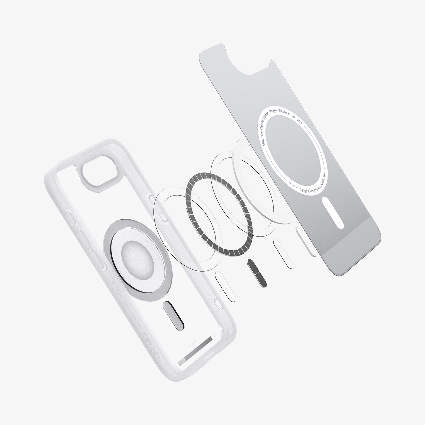 ACS09147 - iPhone 17e Case Ultra Hybrid Classic (MagFit) in Classic Silver showing the inner layer hovering in front of the detached metal ring - parts and the case