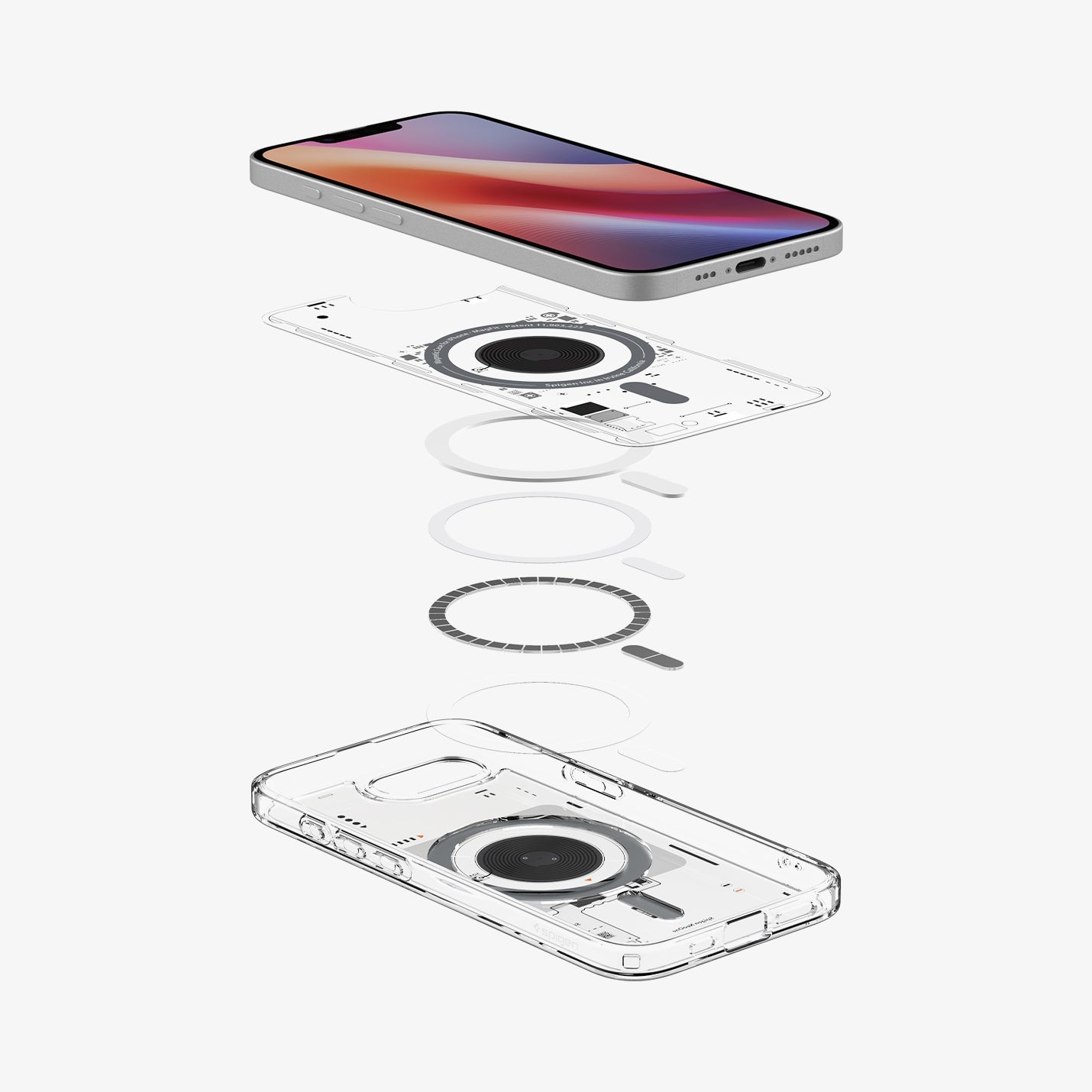 ACS09143 - iPhone 17e Case Ultra Hybrid Neo One (MagFit) in Neo One showing the device hovering above the detached metal ring parts and the case