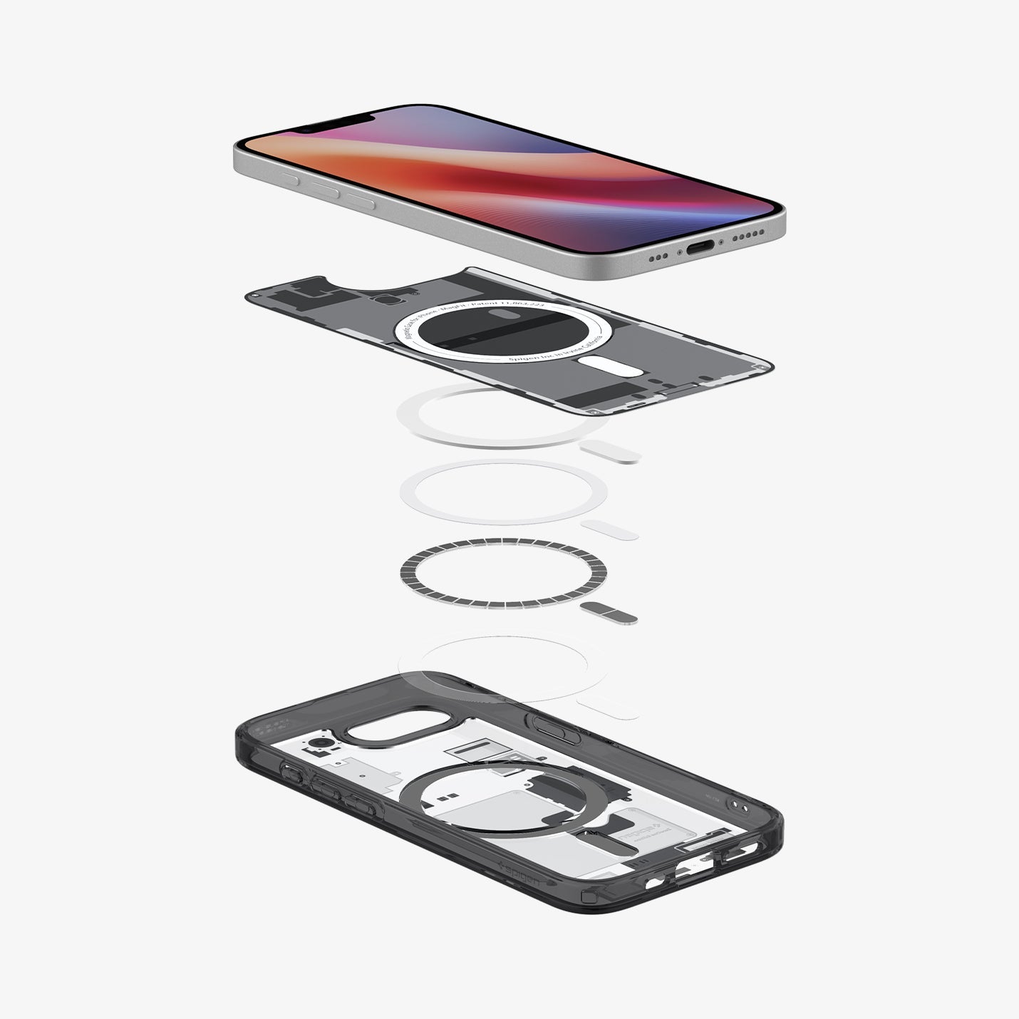 ACS09141 - iPhone 16e Case Ultra Hybrid Zero One (MagFit) in Zero One showing the device hovering above the detached inner layer, metal ring parts and the case