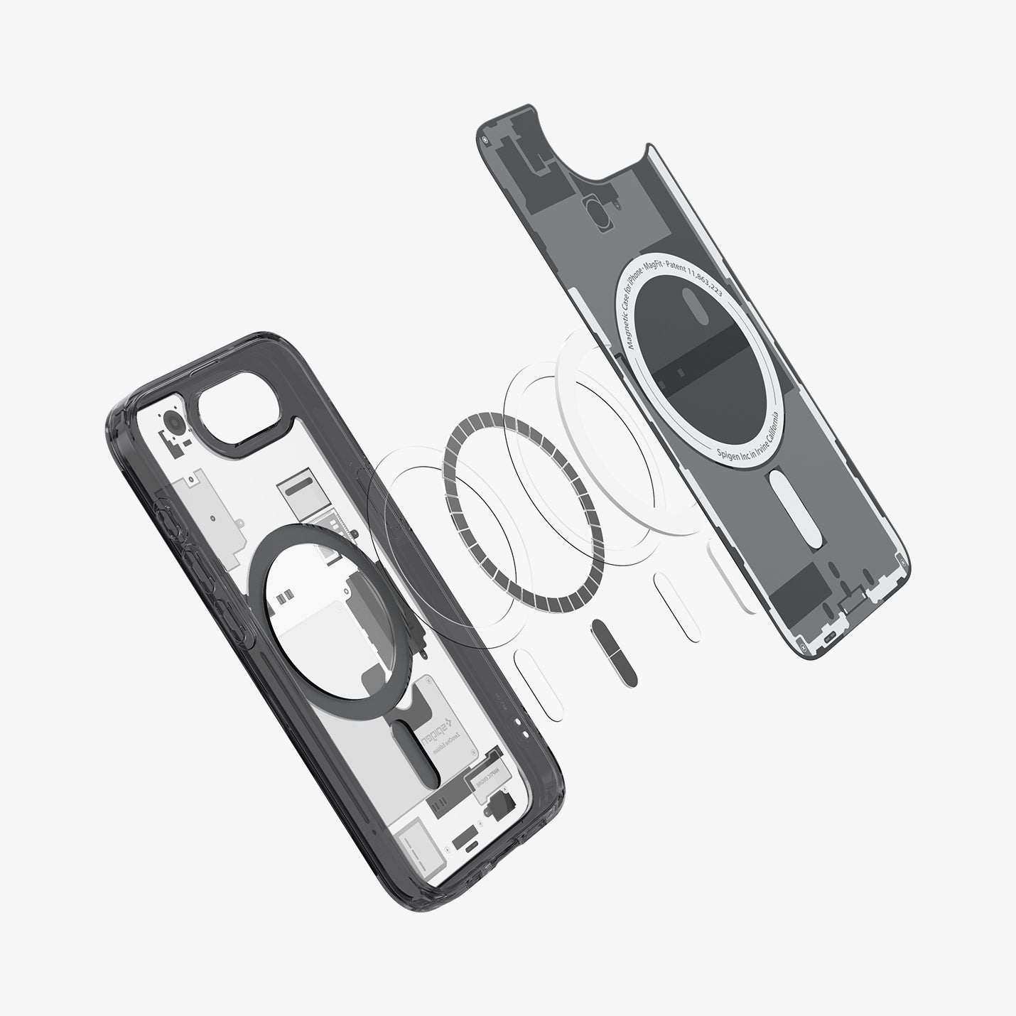 ACS09141 - iPhone 16e Case Ultra Hybrid Zero One (MagFit) in Zero One showing the inner layer hovering in front of the detached metal ring and the case