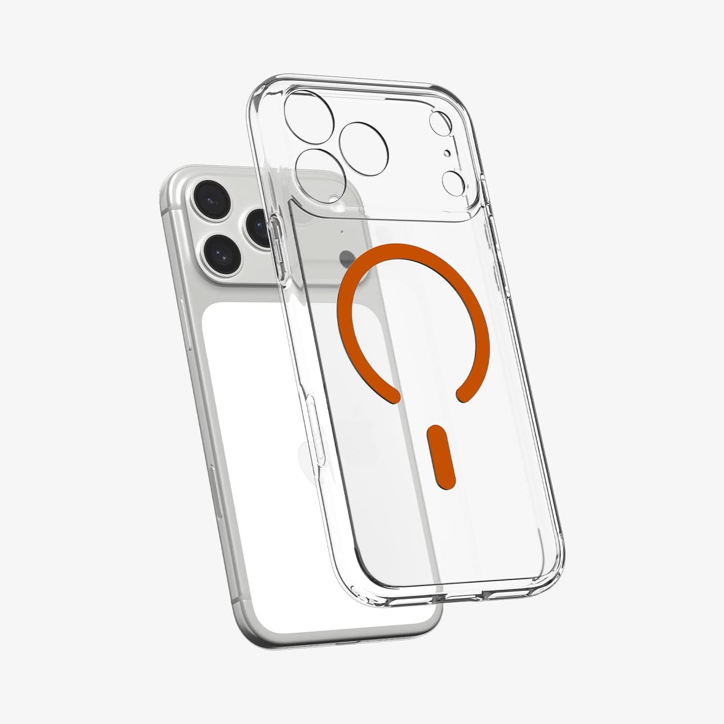 ACS11107 - iPhone 17 Pro Max Ultra Hybrid (MagFit) in Clear Orange showing the front of layer hovering above the magfit magnet plate and the case