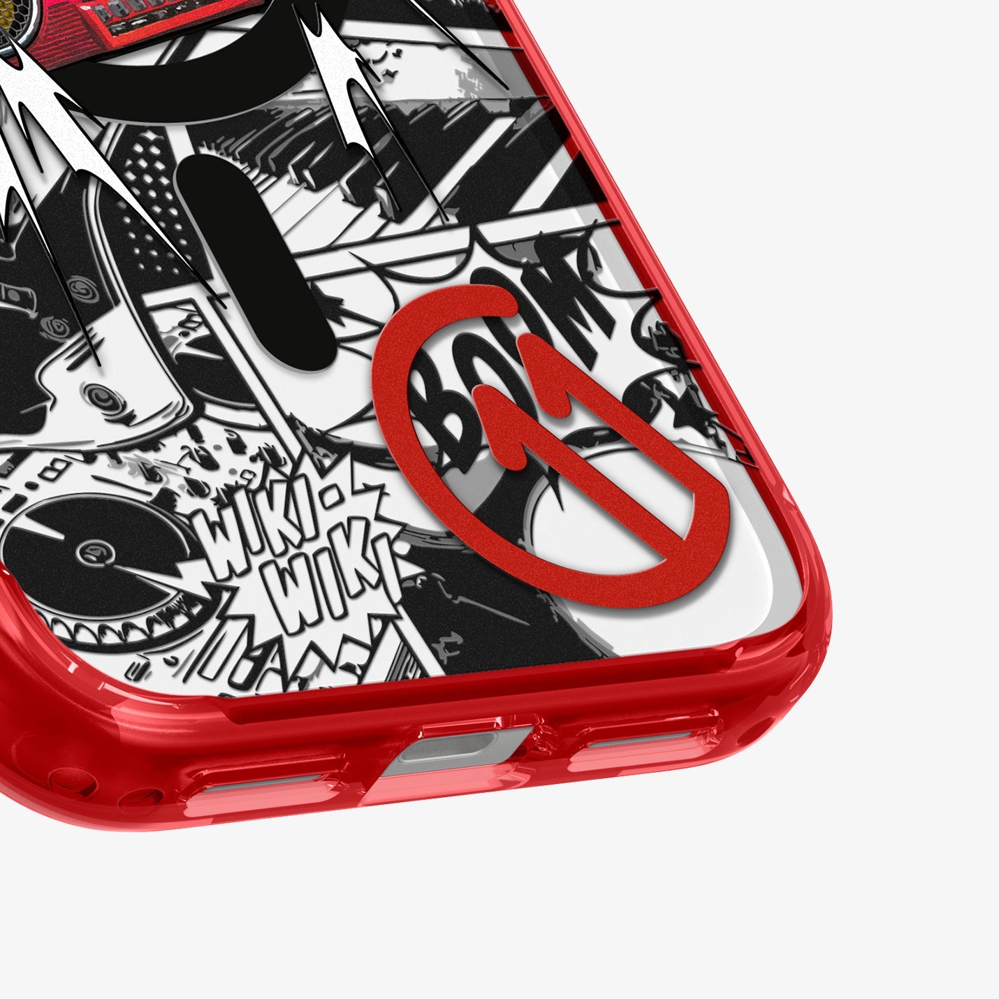 ACS11412 - Spigen C11 Blast iPhone 17 Pro Max case in Red close-up of boombox graffiti graphic and red bumper corner detail