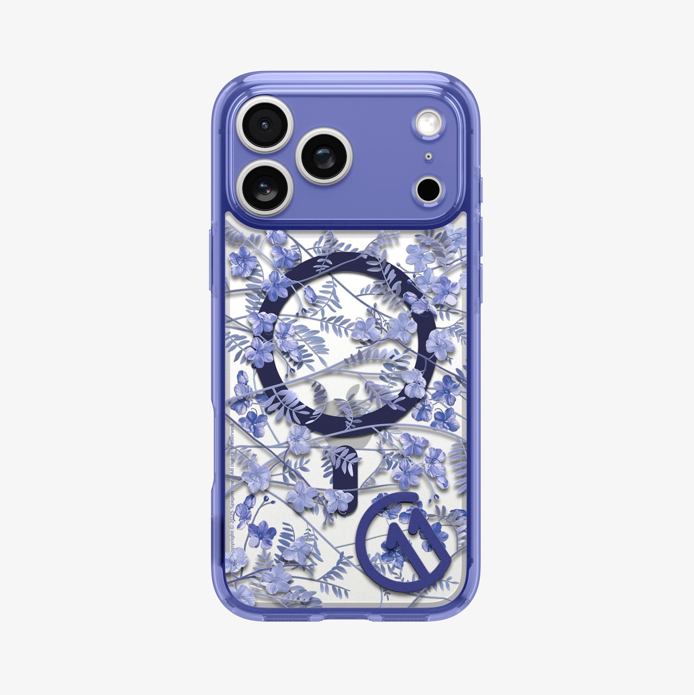 ACS11472 - Straight-on back view of Spigen C11 Cobalt Spring MagSafe case for iPhone 17 Pro Max showing full cobalt blue botanical floral pattern