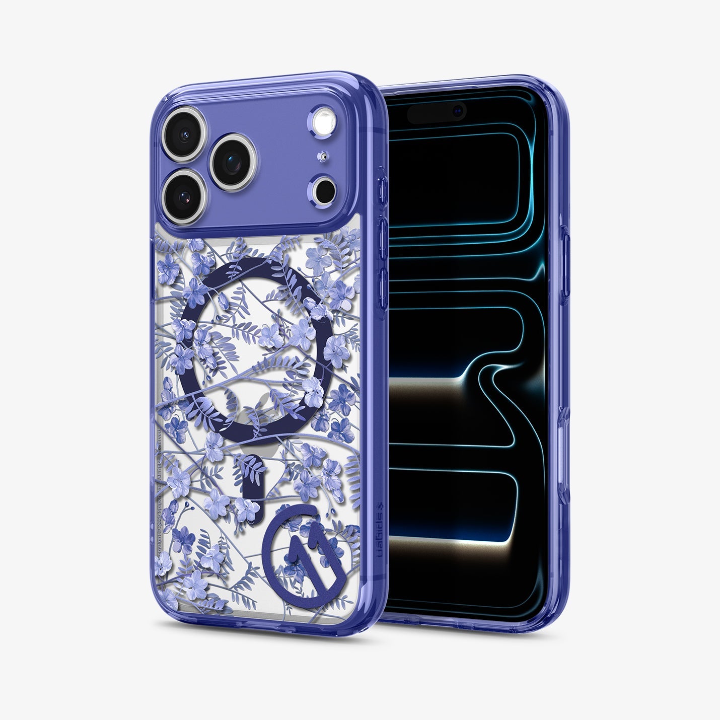 ACS11472 - Back and front view of Spigen C11 Cobalt Spring MagSafe case on iPhone 17 Pro Max showing floral print back and display