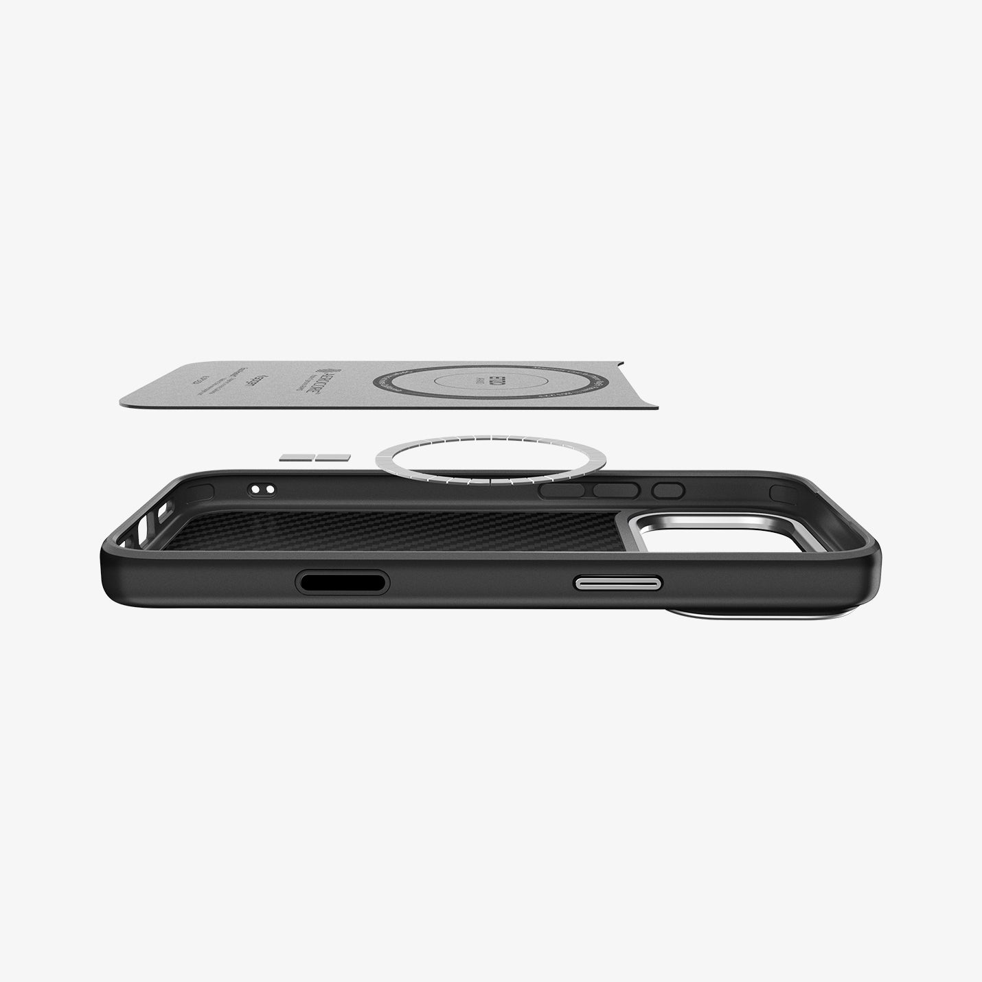 ACS09905 - iPhone 17 Pro Max Case Enzo Aramid T in black showing the side and partial back with layer of case hovering above