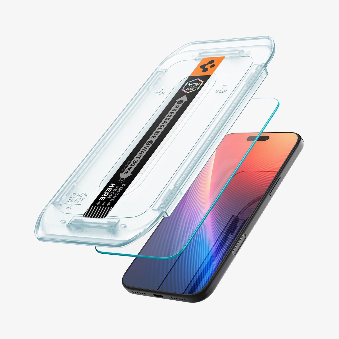 AGL07907 - iPhone 17 Pro Max GLAS.tR EZ Fit | Sensor Protected showing the installation tray hovering above the screen protector and the device