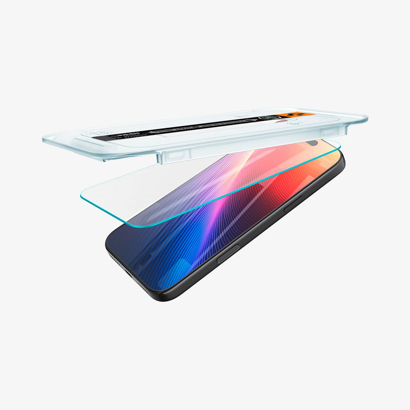 AGL07907 - iPhone 17 Pro Max GLAS.tR EZ Fit | Sensor Protected showing the installation tray partially hovering above the screen protector and the device