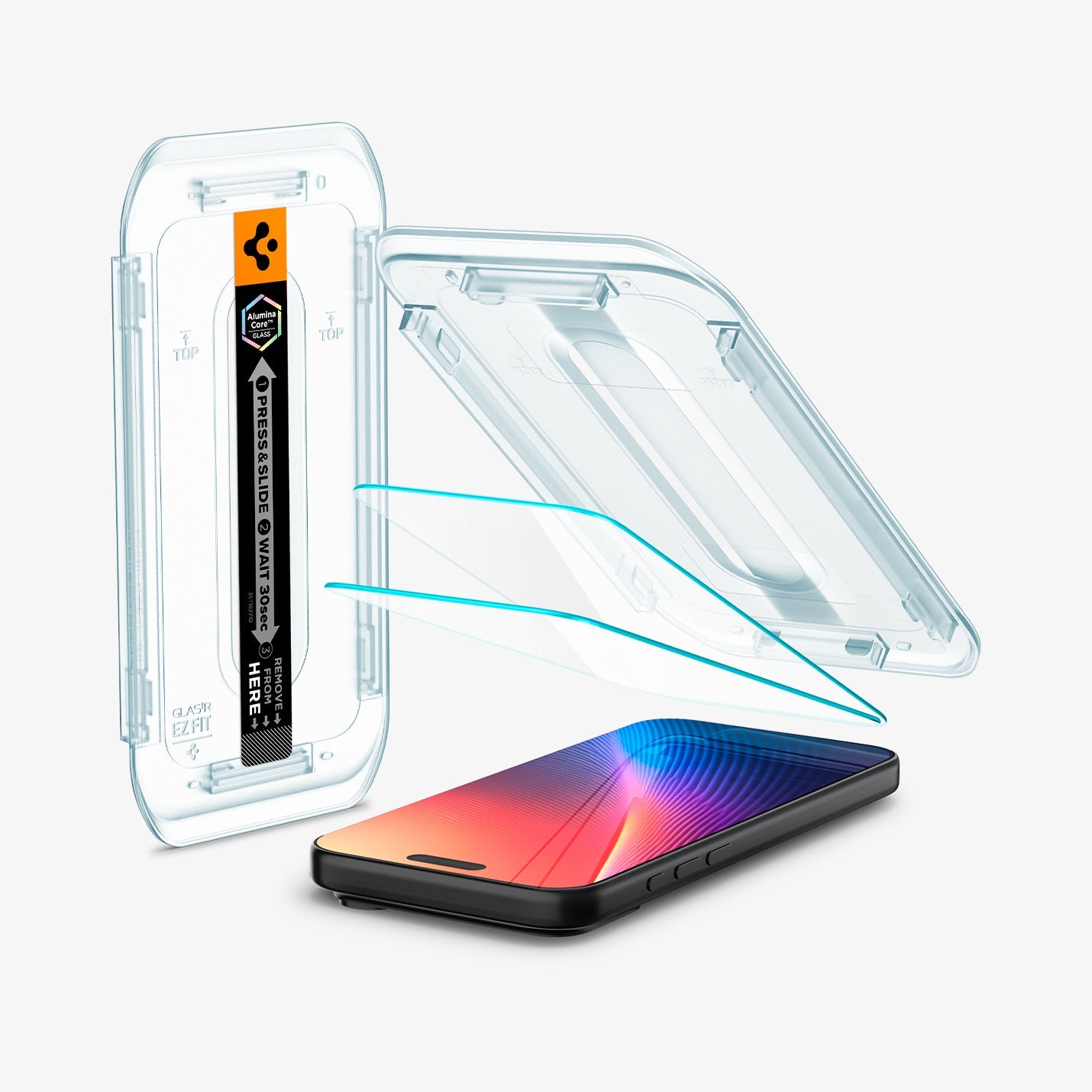 AGL07907 - iPhone 17 Pro Max GLAS.tR EZ Fit | Sensor Protected showing the installation tray hovering above the 2 screen protector and the device, beside it is another installation tray