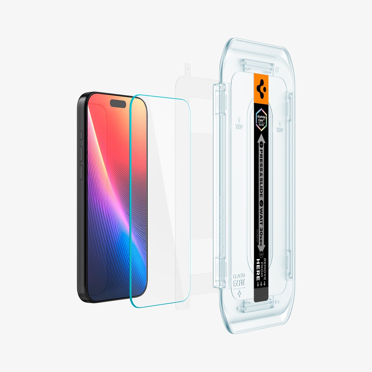 AGL07907 - iPhone 17 Pro Max GLAS.tR EZ Fit | Sensor Protected showing the installation tray hovering in front of a screen film screen, screen protector and the device