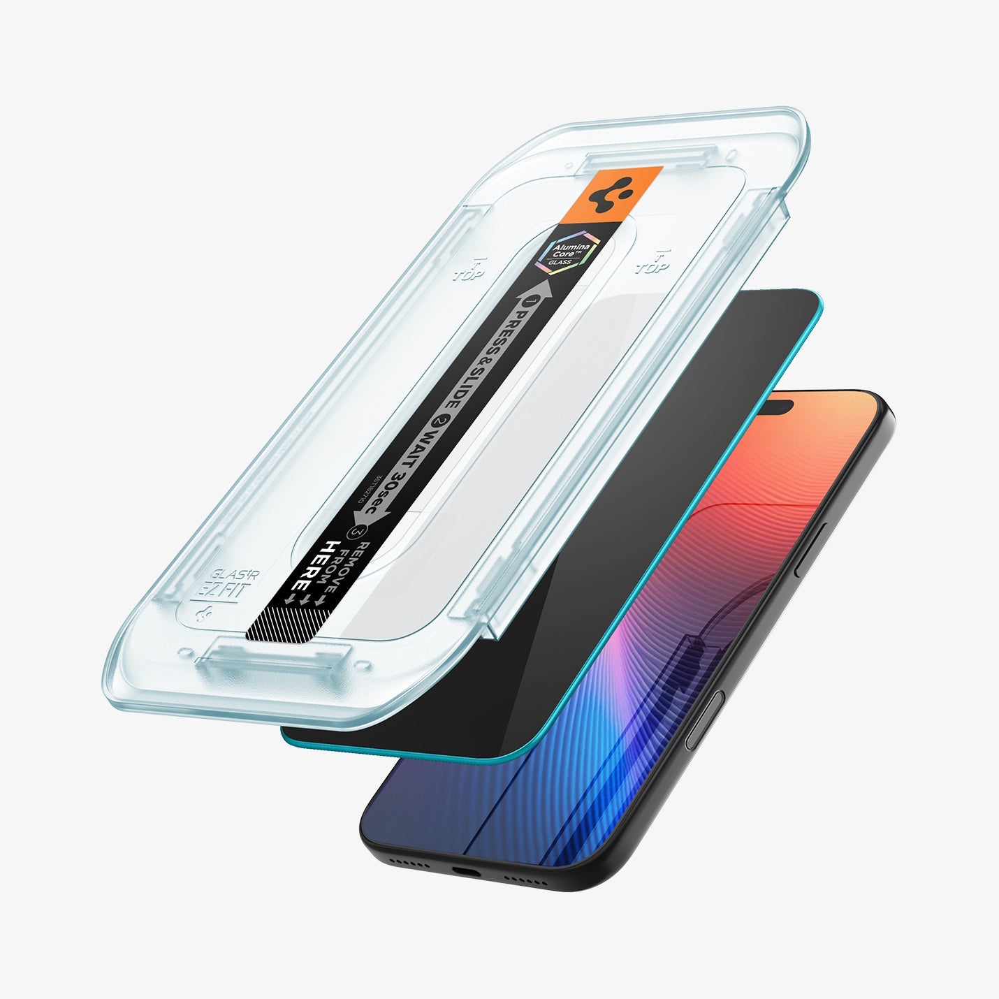 AGL07908 - iPhone 17 Pro Max GLAS.tR EZ Fit Privacy showing the installation tray hovering above the screen protector and the device