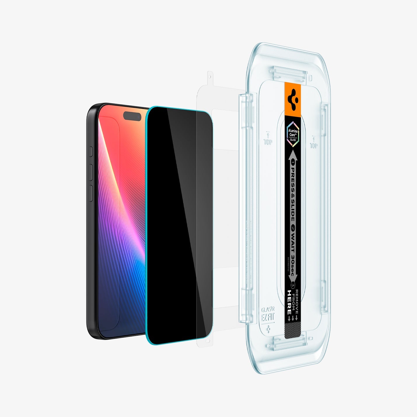 AGL07908 - iPhone 17 Pro Max showing the installation tray hovering in front of a screen film screen, screen protector and the device