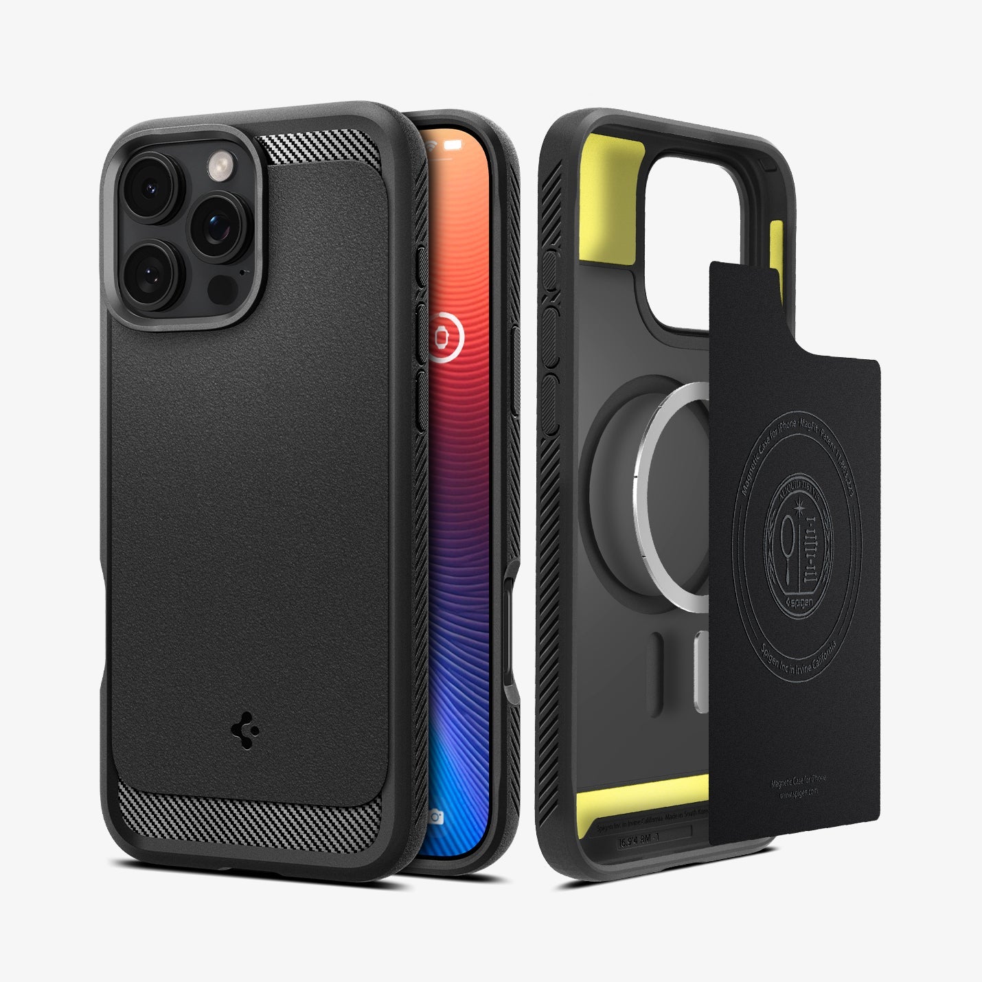 ACS07986 - iPhone 16 Pro Max Case Rugged Armor (MagFit) in Matte Black showing the back, partial sides, front, inner of the case, inner soft layer and metal ring plate hovering in front