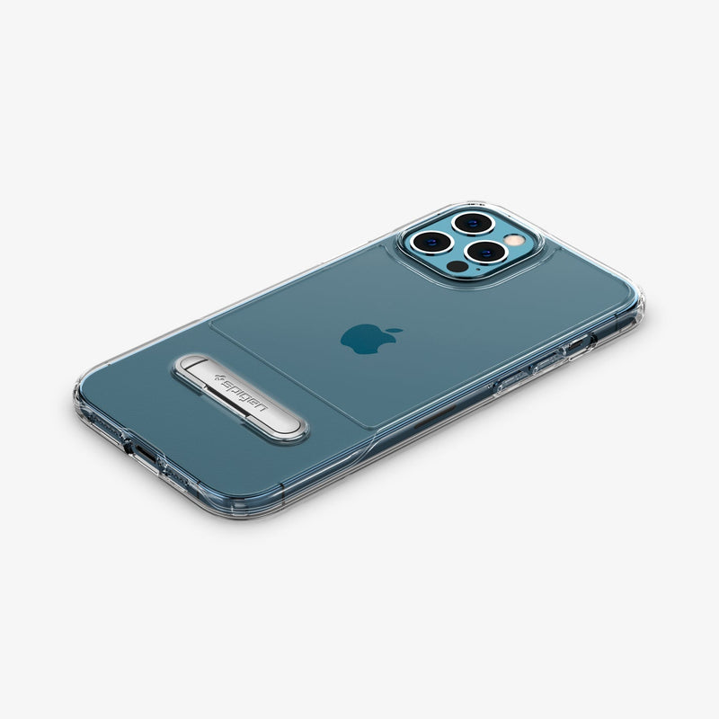 ACS01487 - iPhone 12 Pro Max Case Slim Armor Essential S in crystal clear showing the back, side and bottom with device laying flat