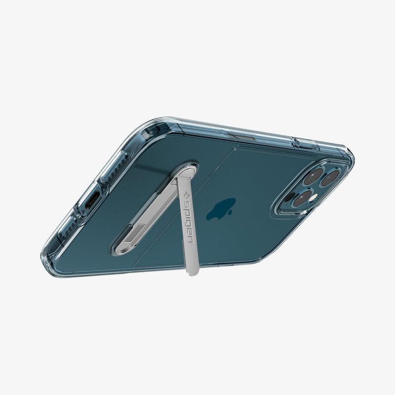 ACS01487 - iPhone 12 Pro Max Case Slim Armor Essential S in crystal clear showing the back and bottom with device propped up by built in kickstand