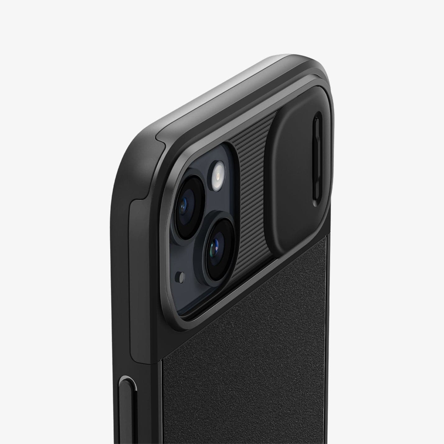 ACS04923 - iPhone 14 Plus Case Optik Armor (MagFit) in black showing the back zoomed in on camera lens protector with slot open
