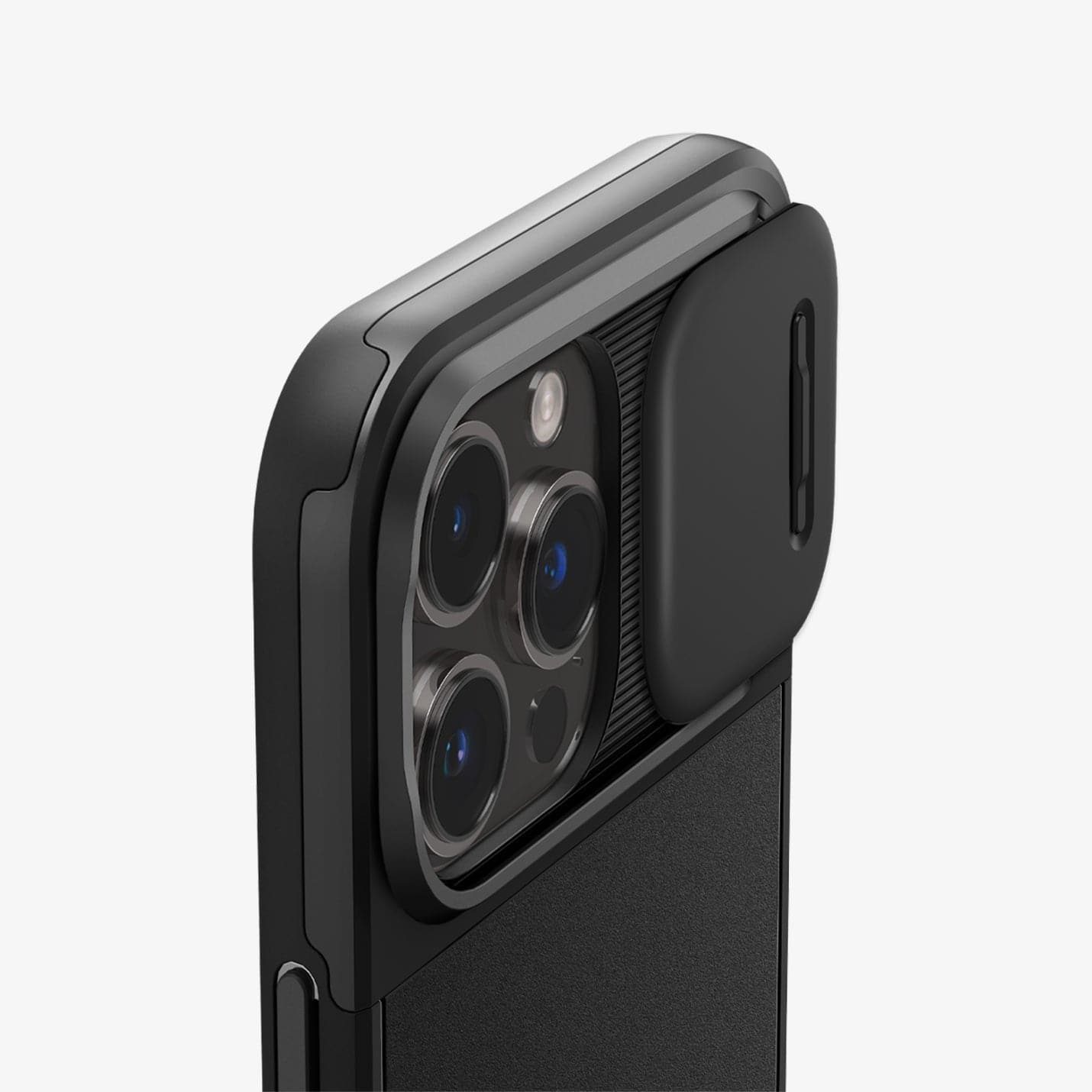 ACS04848 - iPhone 14 Pro Max Case Optik Armor (MagFit) in black showing the back zoomed in on camera lens with optik lens slot open