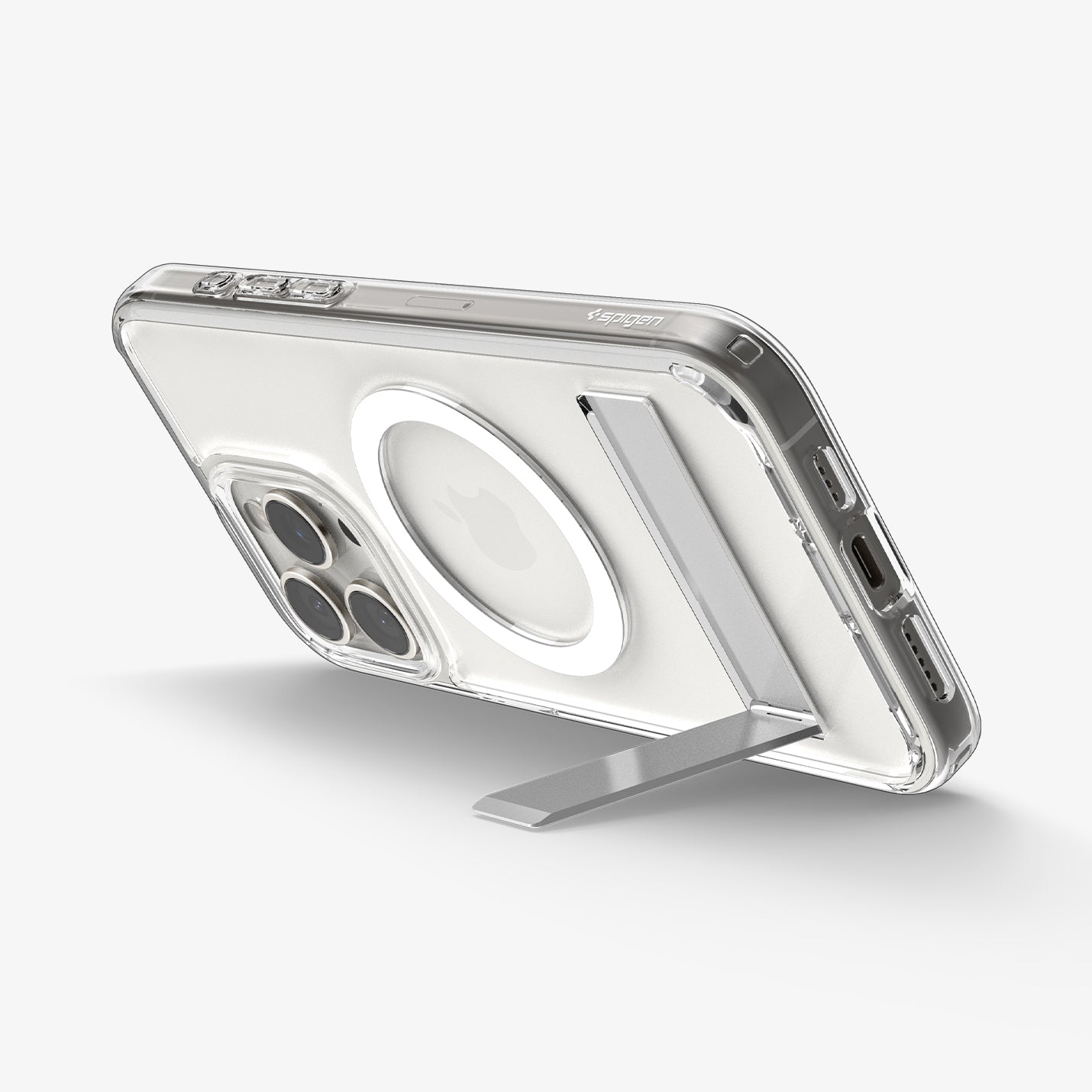 ACS06452 - iPhone 15 Pro Max Case Ultra Hybrid S (MagFit) in crystal clear showing the back and bottom with device propped up by built in kickstand