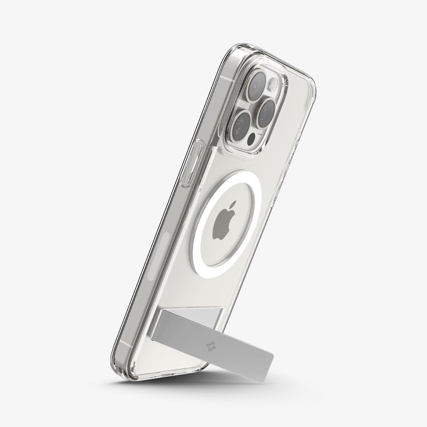 ACS06452 - iPhone 15 Pro Max Case Ultra Hybrid S (MagFit) in crystal clear showing the back and side with device propped up by built in kickstand