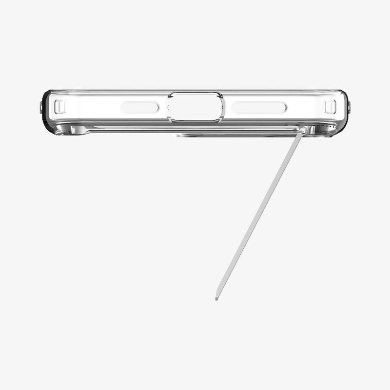 ACS06452 - iPhone 15 Pro Max Case Ultra Hybrid S (MagFit) in crystal clear showing the bottom with kickstand extended out
