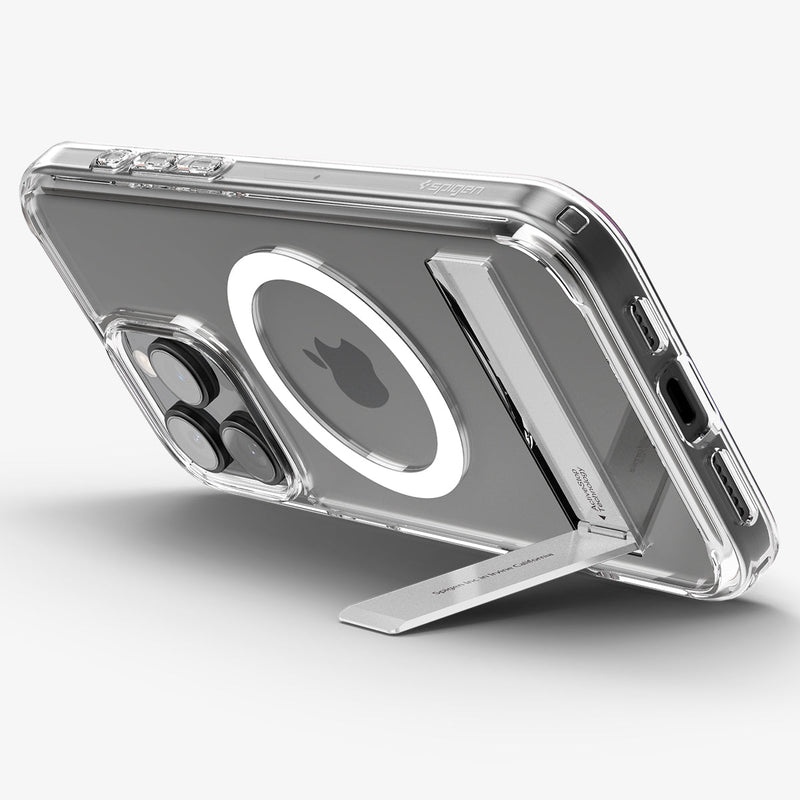 ACS08035 - iPhone 16 Pro Max Case Ultra Hybrid S (MagFit) in Crystal Clear showing the back, partial sides and bottom, propped up with a built-in kickstand