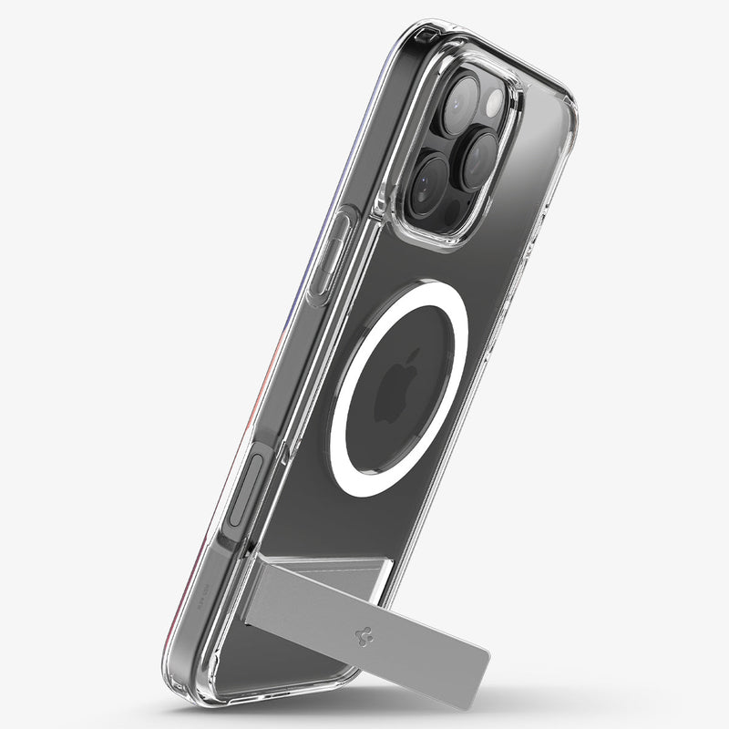 ACS08035 - iPhone 16 Pro Max Case Ultra Hybrid S (MagFit) in Crystal Clear showing the back, partial side propped up with a built-in kickstand in portrait style