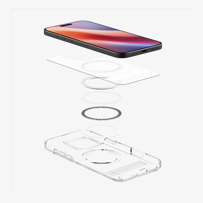 ACS08035 - iPhone 16 Pro Max Case Ultra Hybrid S (MagFit) in Crystal Clear showing the device hovering above detached part of the back cover, magnet ring plate and back cover showing inner side