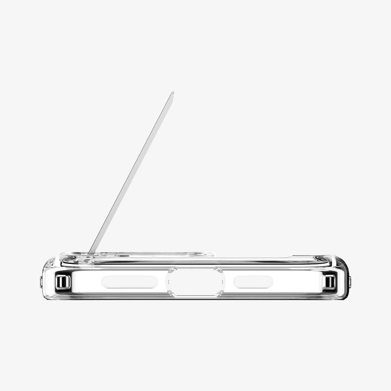 ACS08035 - iPhone 16 Pro Max Case Ultra Hybrid S (MagFit) in Crystal Clear showing the bottom, with built-in kickstand lifted up