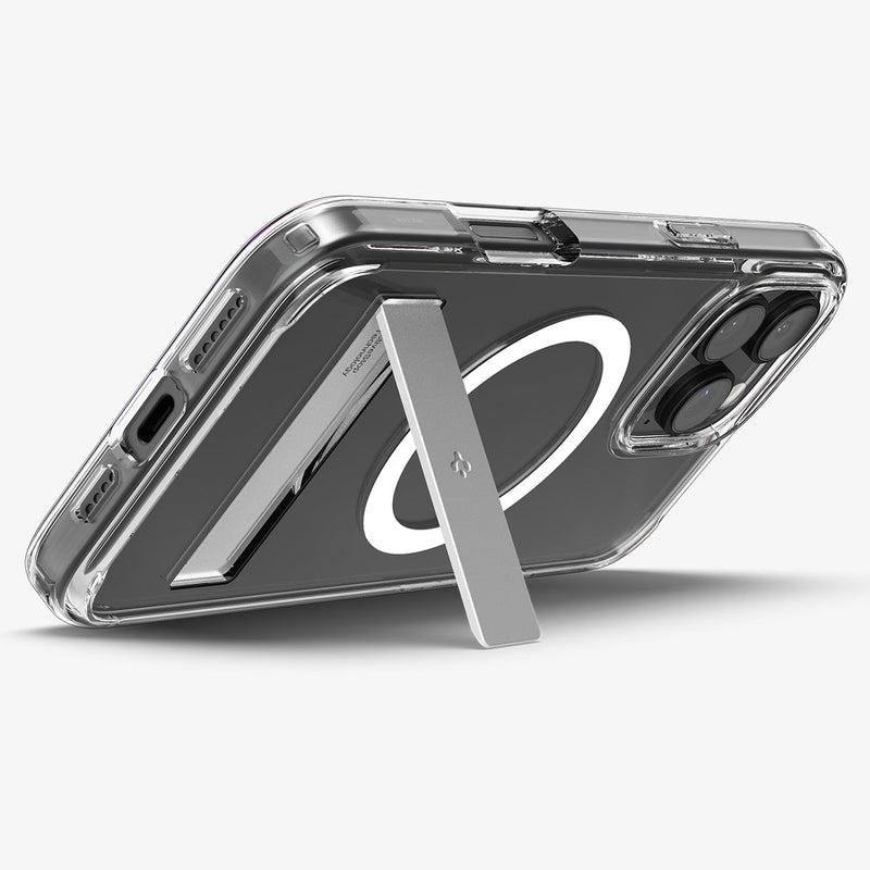 ACS08035 - iPhone 16 Pro Max Case Ultra Hybrid S (MagFit) in Crystal Clear showing the back, partial sides and bottom, propped up with a built-in kickstand