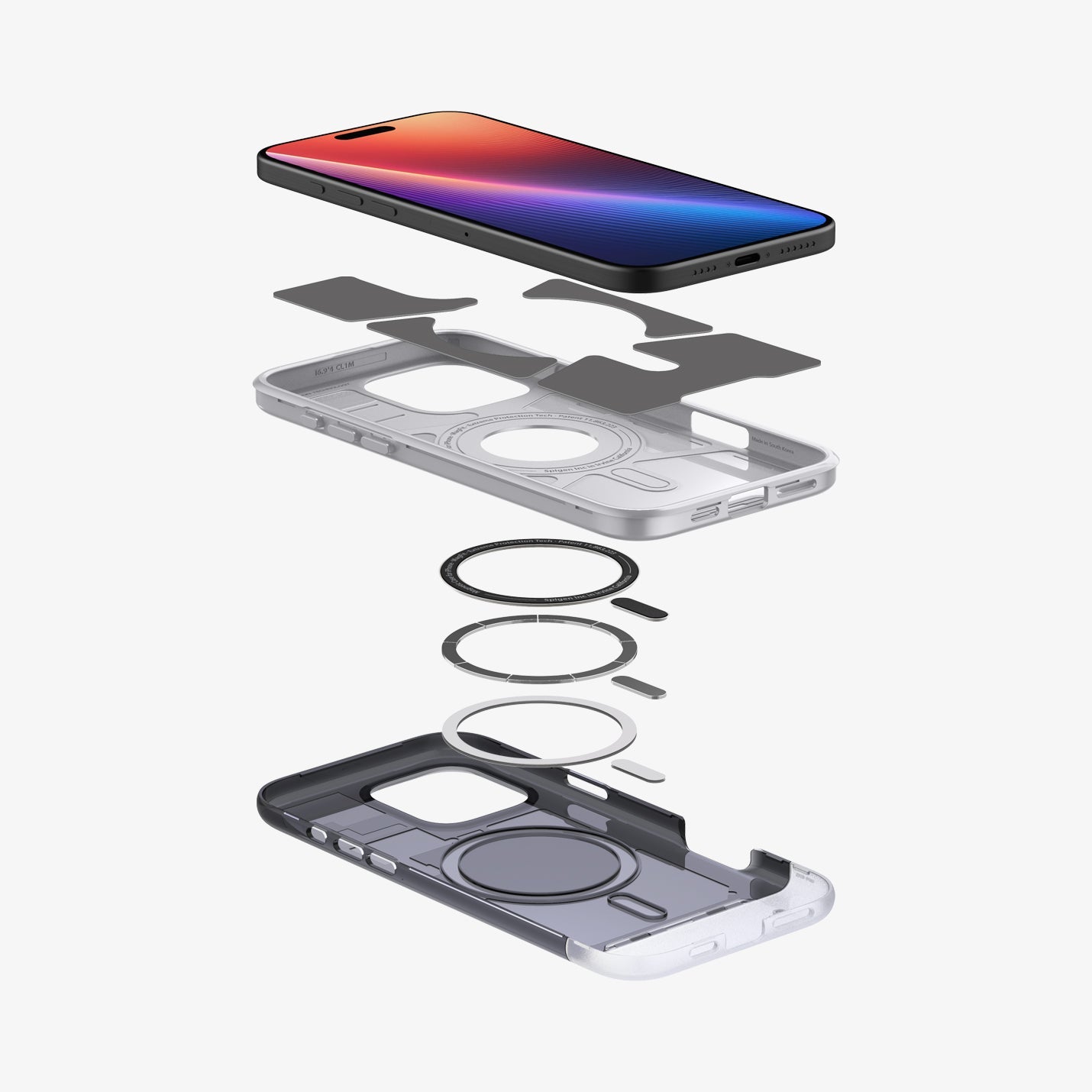 ACS08018 - iPhone 16 Pro Max Case Classic C1 (MagFit) in Graphite showing the device hovering above the detached inner layer, back case, metal ring plate and back cover of the case