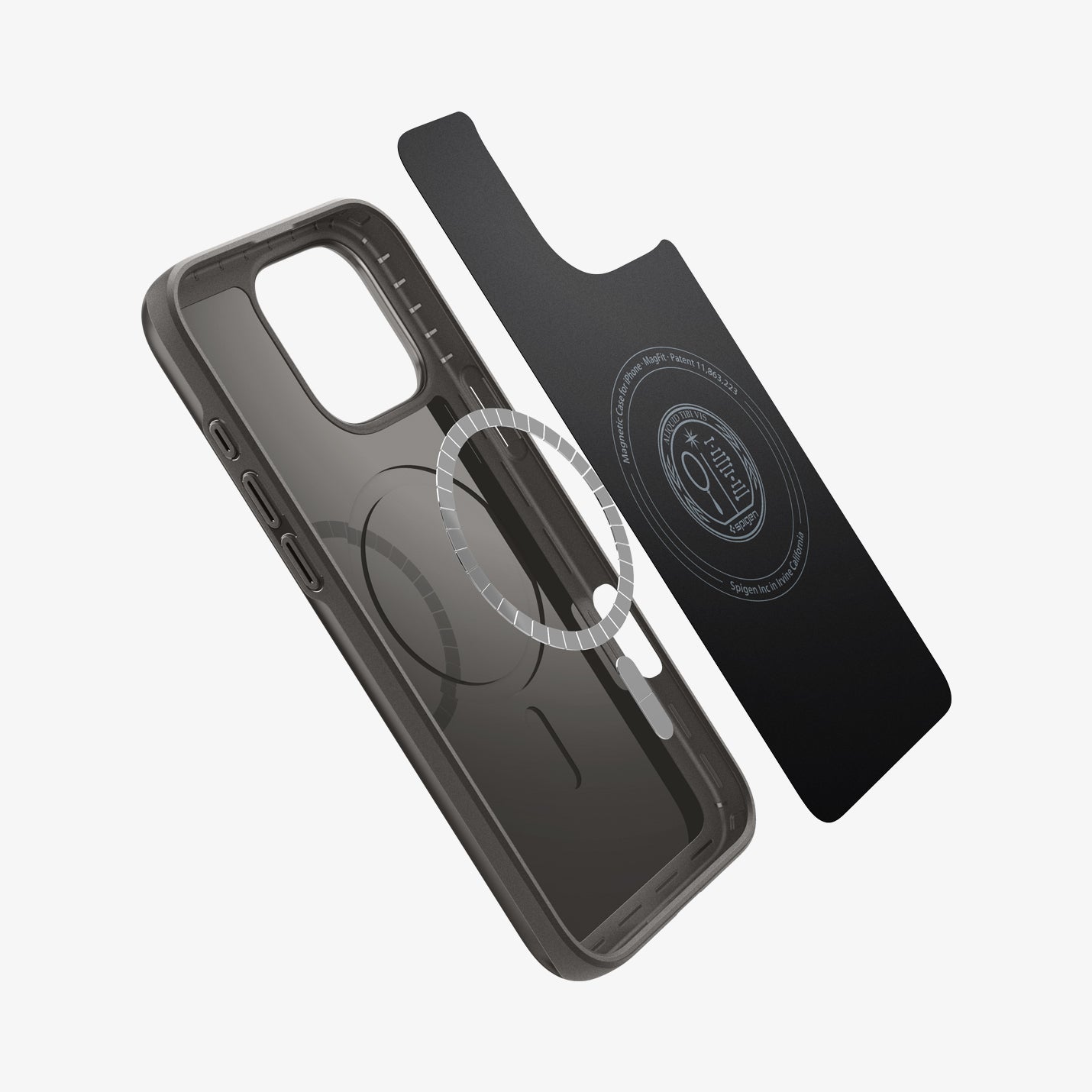 ACS07979 - iPhone 16 Pro Max Case Thin Fit (MagFit) in Gunmetal showing the inner layer hovering from detached magnet ring plate and the case