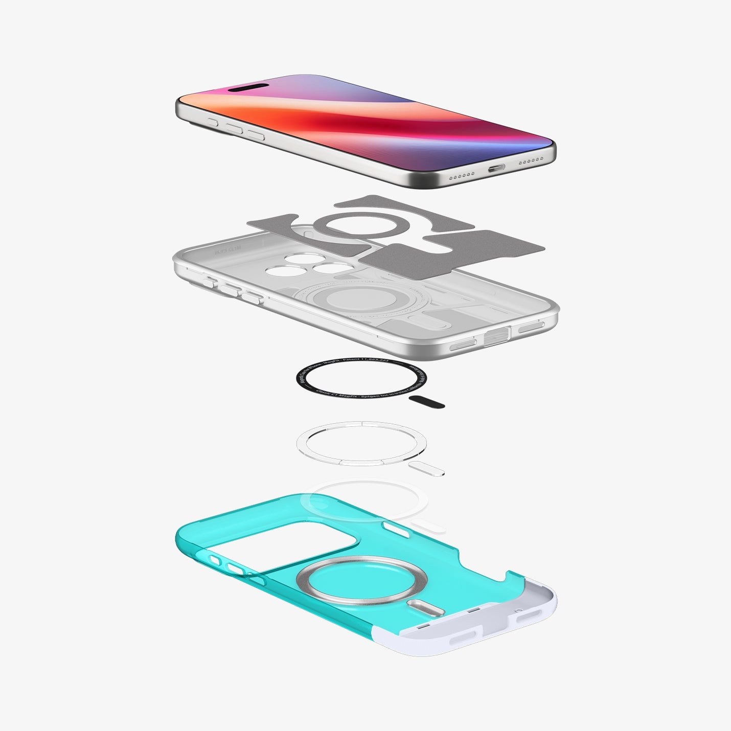 ACS09961 - iPhone 17 Pro Case Classic C1 (MagFit) in bondi blue showing the layers of case hovering below the device