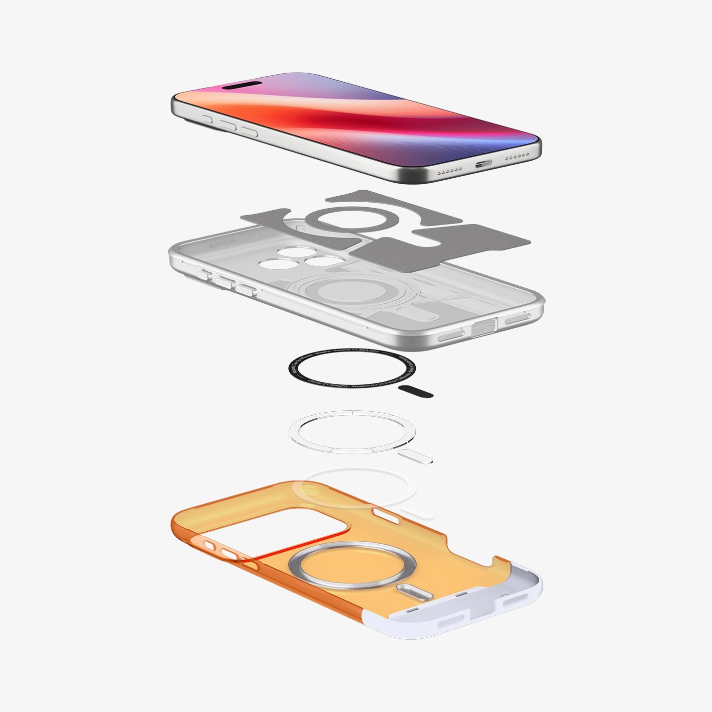 ACS09910 - iPhone 17 Pro Max Case Classic C1 (MagFit) in tangerine showing the layers of case hovering below the device