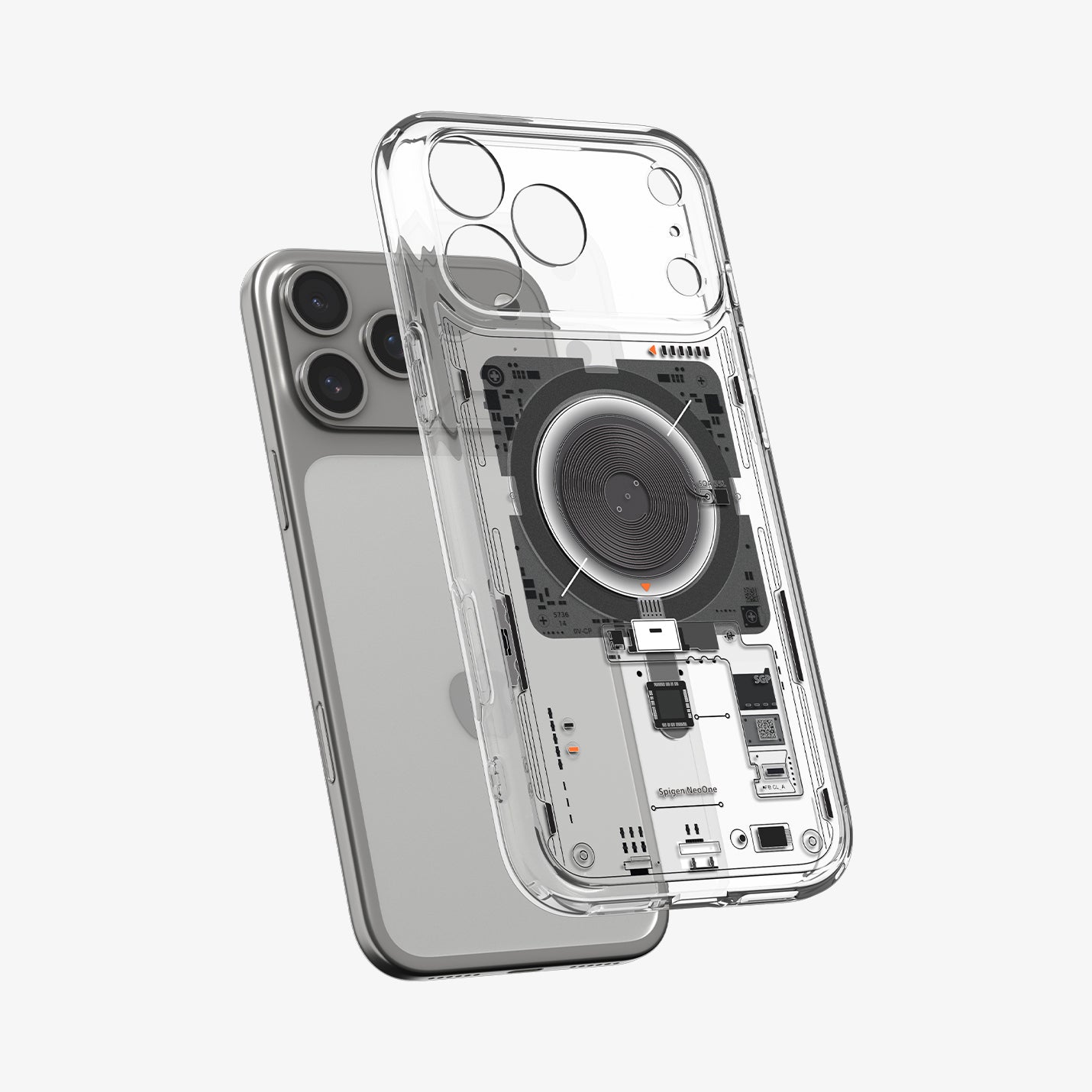 ACS10043 - iPhone 17 Pro Max Ultra Hybrid Neo One (MagFit) showing the front of layer hovering above the magfit magnet plate and the case