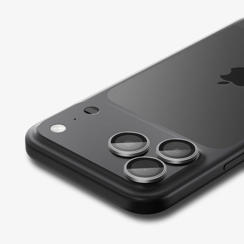AGL10125 - iPhone 17 Pro Max Optik Pro EZ Fit Lens Protector in gray showing the back, top and side