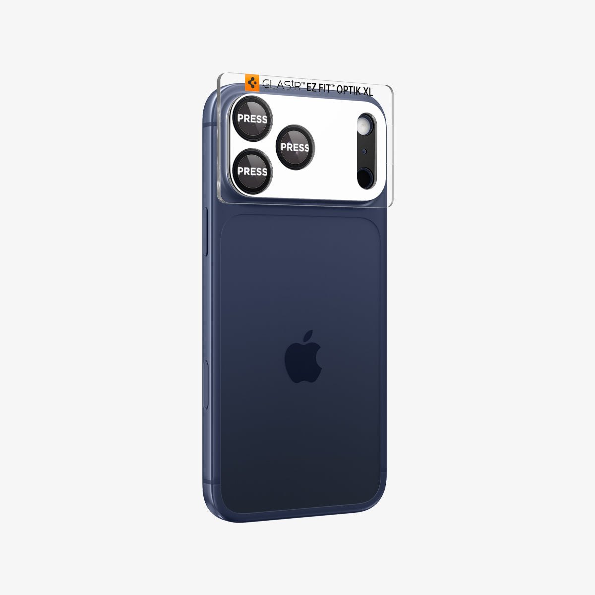 AGL10649 - iPhone 17 Pro Max Optik Pro XL EZ Fit Lens Protector in black showing the back, partial side with lens screen protector with tray attached