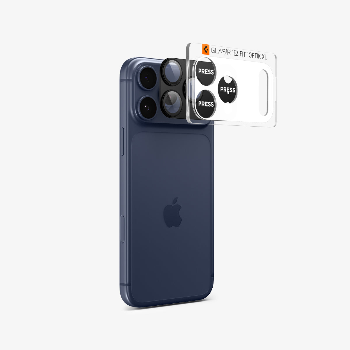 AGL10649 - iPhone 17 Pro Max Optik Pro XL EZ Fit Lens Protector in black showing the back and partial side with lens protector hovering in front