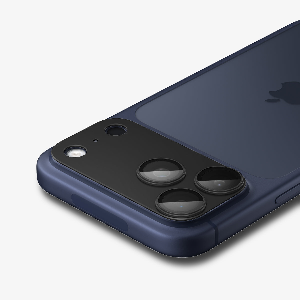AGL10649 - iPhone 17 Pro Max Optik Pro XL EZ Fit Lens Protector in black showing the back, partial top and side zoomed in with lens screen protector 