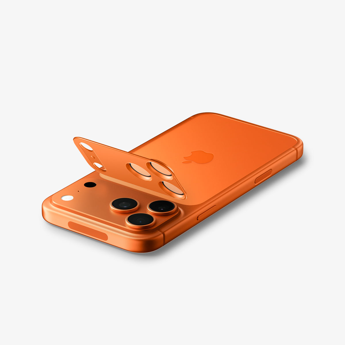 AGL10650 - iPhone 17 Pro Max Optik Pro XL EZ Fit Lens Protector in orange showing the back and partial side with lens screen protector partially hovering above 