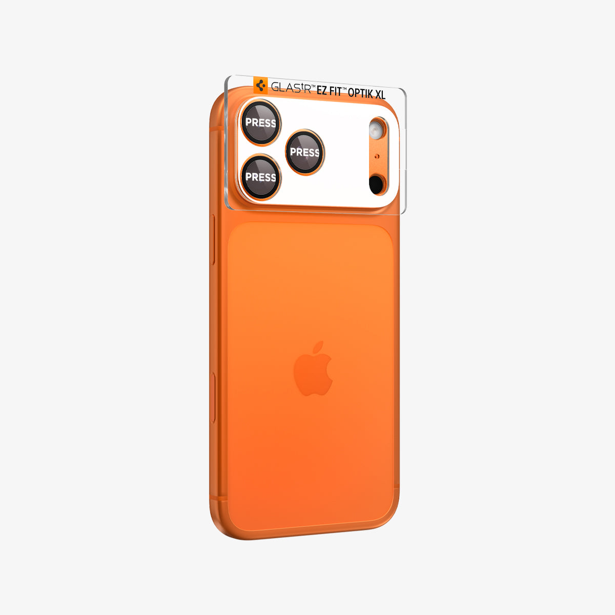 AGL10650 - iPhone 17 Pro Max Optik Pro XL EZ Fit Lens Protector in orange showing the back, partial side with lens screen protector with tray attached