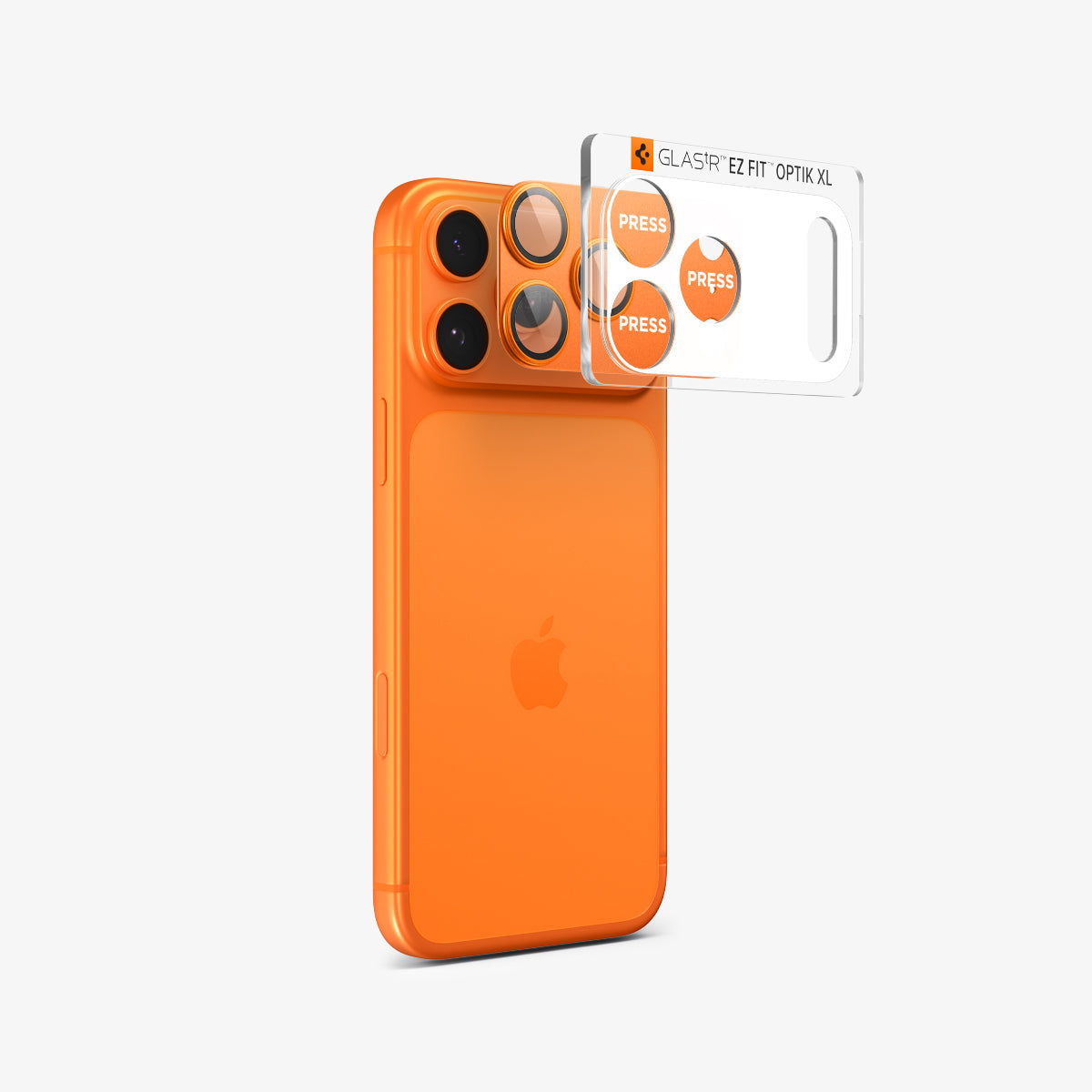 AGL10650 - iPhone 17 Pro Max Optik Pro XL EZ Fit Lens Protector in orange showing the back and partial side with lens protector hovering in front