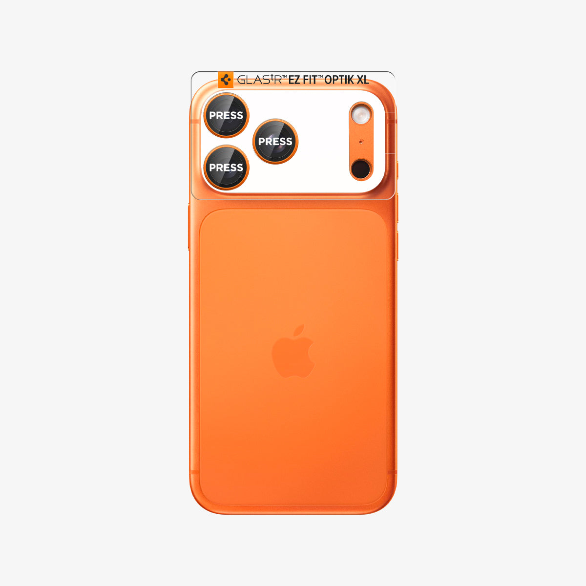 AGL10650 - iPhone 17 Pro Max Optik Pro XL EZ Fit Lens Protector in orange showing the back with lens screen protector infront