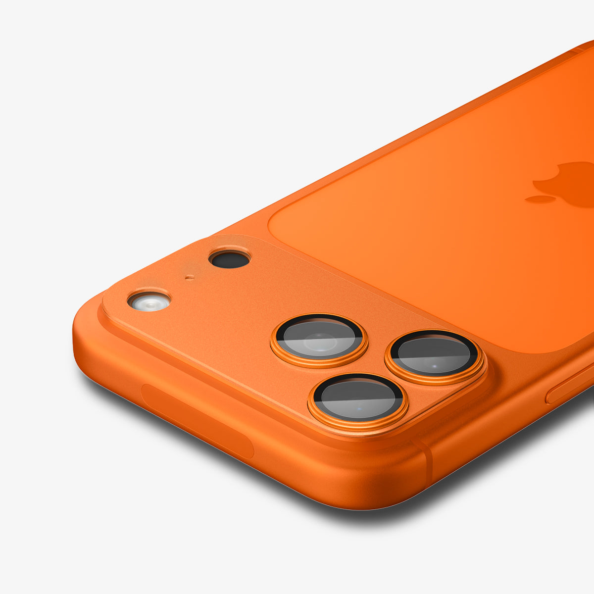 AGL10650 - iPhone 17 Pro Max Optik Pro XL EZ Fit Lens Protector in orange showing the back, partial top and side zoomed in with lens screen protector 