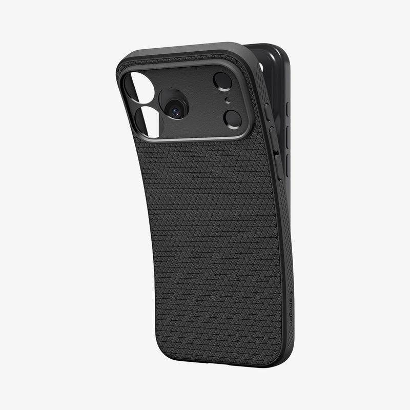ACS09888 - iPhone 17 Pro Max Liquid Air in Matte Black showing the back, partially peeled off from the device