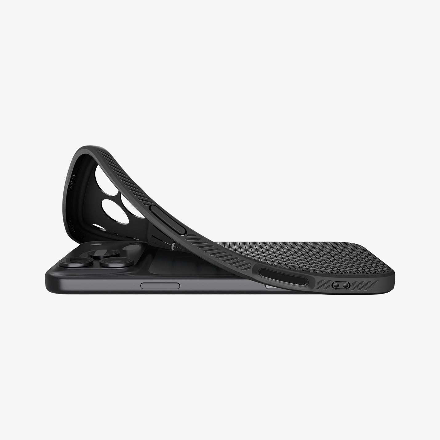 ACS09888 - iPhone 17 Pro Max Liquid Air in Matte Black showing the back, partially peeled off from the device on a flat surface
