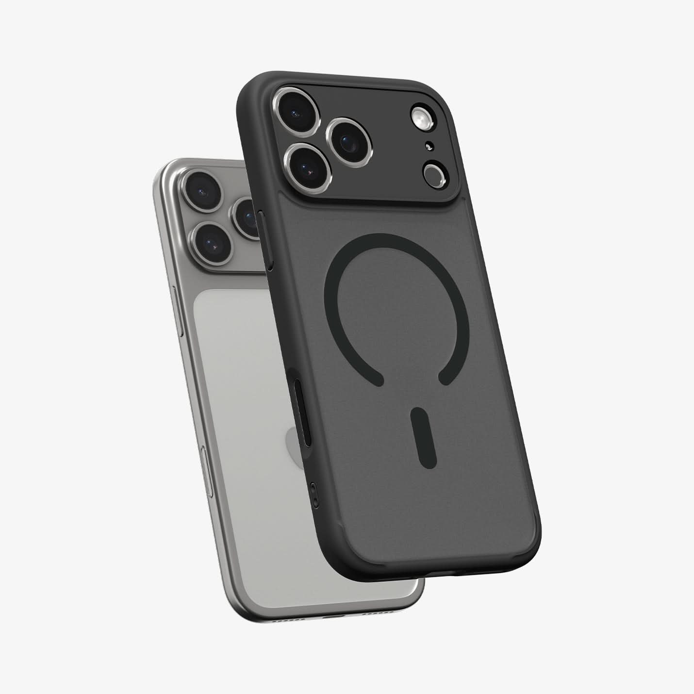 ACS10038 - iPhone 17 Pro Max Ultra Hybrid (MagFit) in Frost Black showing the front of layer hovering above the magfit magnet plate and the case