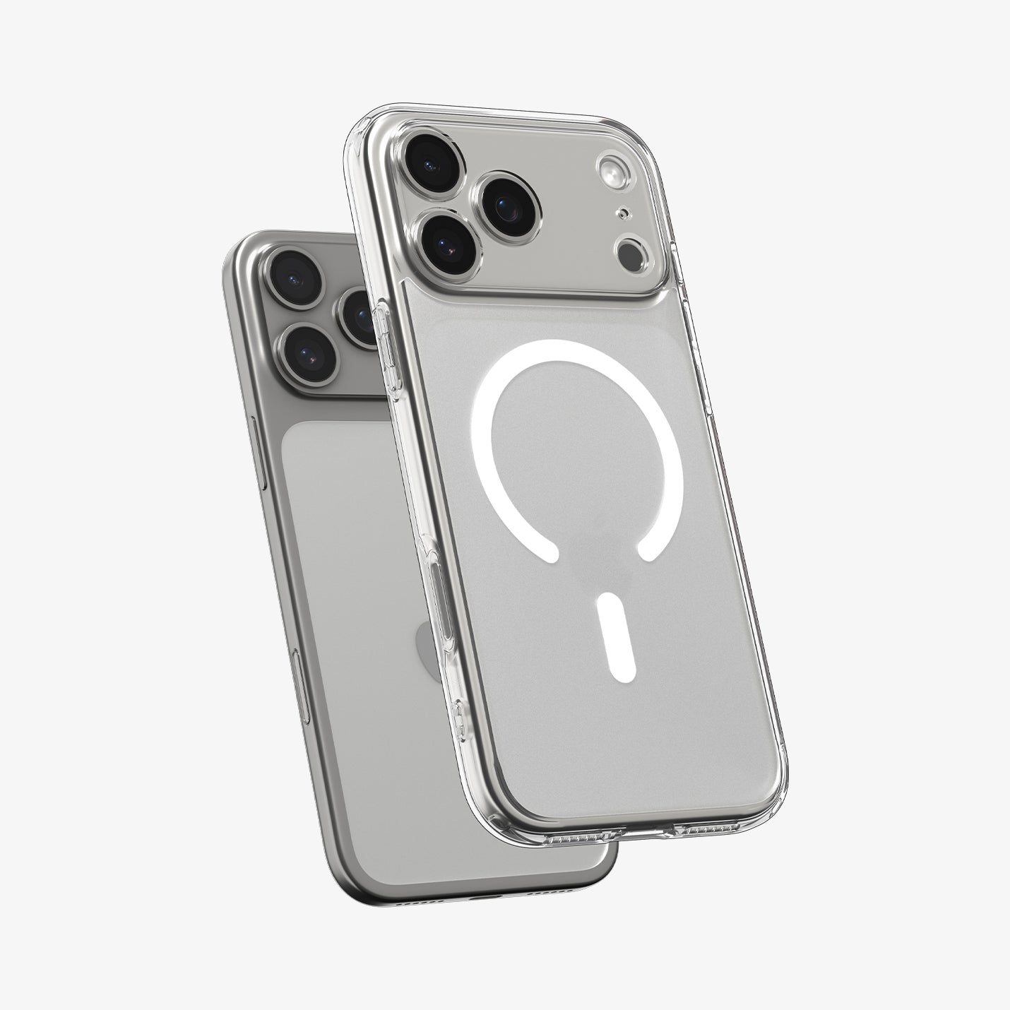ACS09599- iPhone 17 Pro Max Ultra Hybrid (MagFit) in Frost White showing the front of layer hovering above the magfit magnet plate and the case